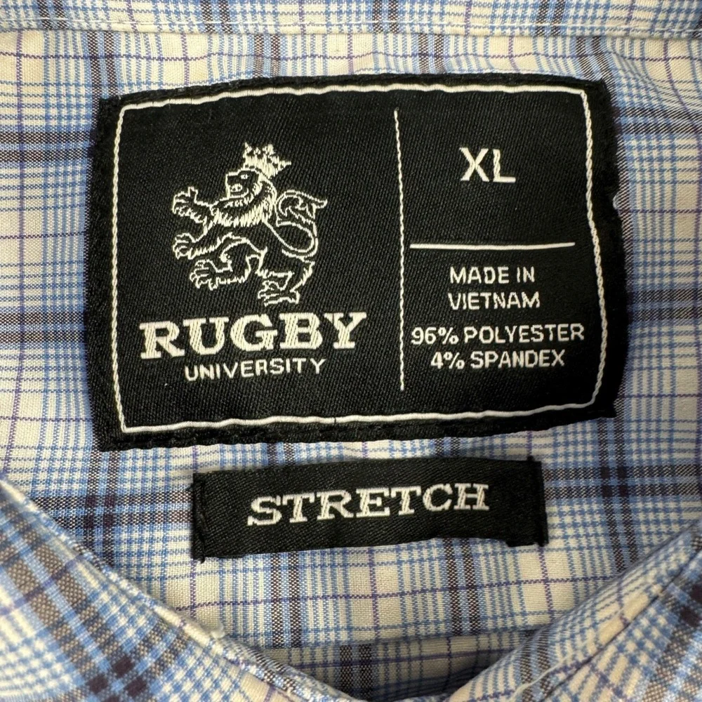 Rugby University Men's Blue White Plaid Stretch Long Sleeve Button Down Shirt XL